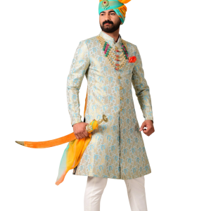 Handmade Sky Blue Gold Maharaja Brocade Sherwani | Jaipurio